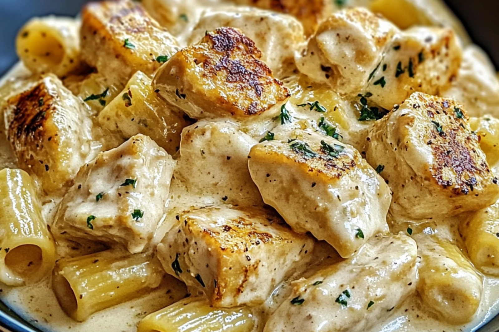Creamy Garlic Butter Chicken and Rigatoni in Parmesan Sauce