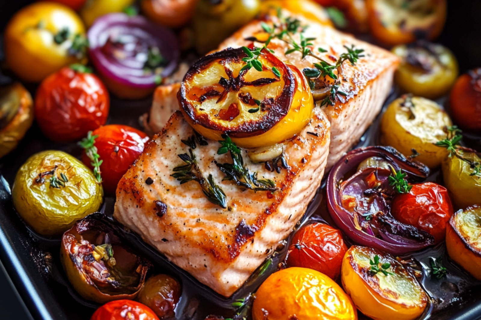 One-Pan Roasted Salmon with Mediterranean Vegetables