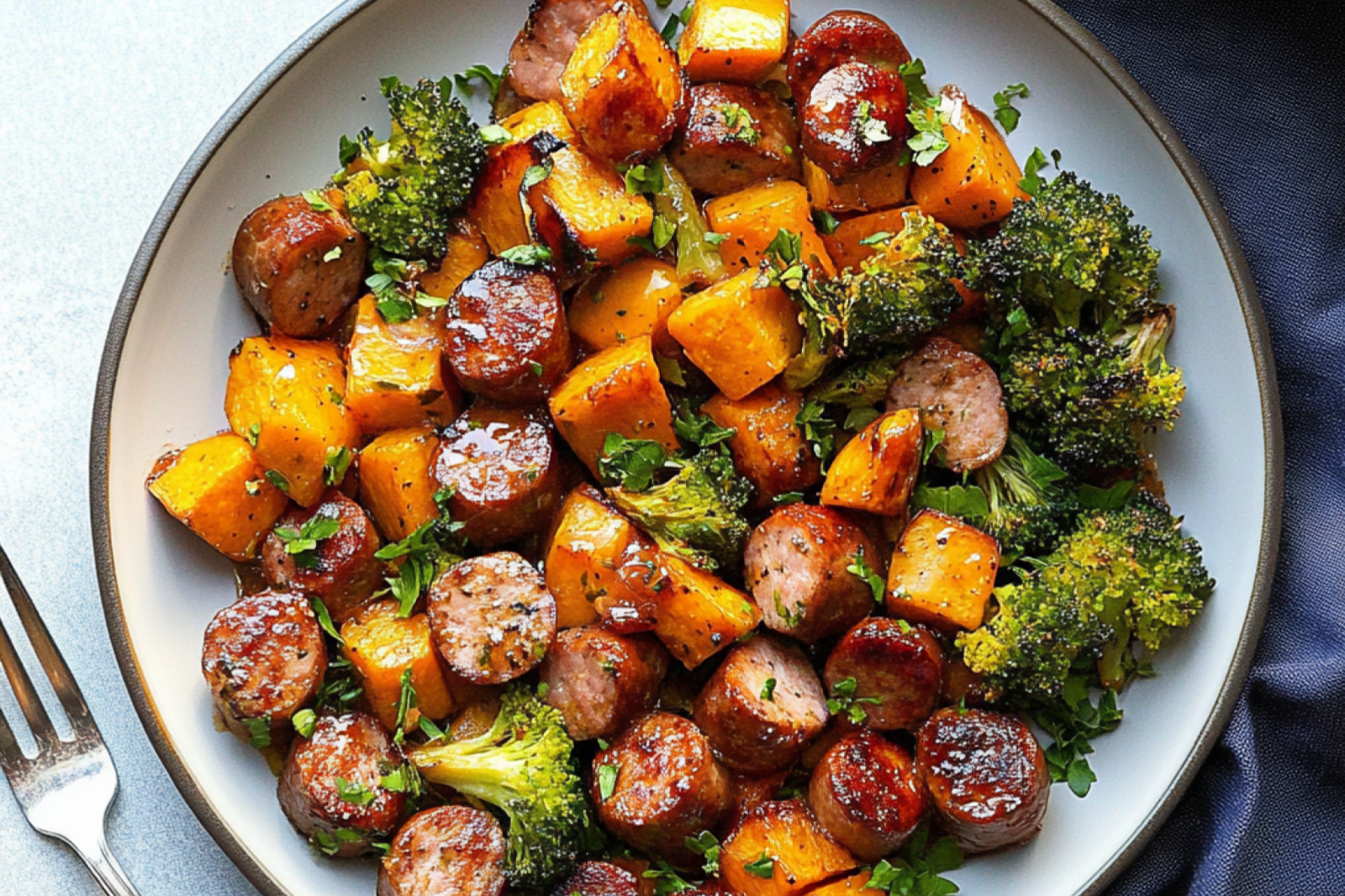 Sheet Pan Sausage and Sweet Potatoes with Honey Garlic Sauce