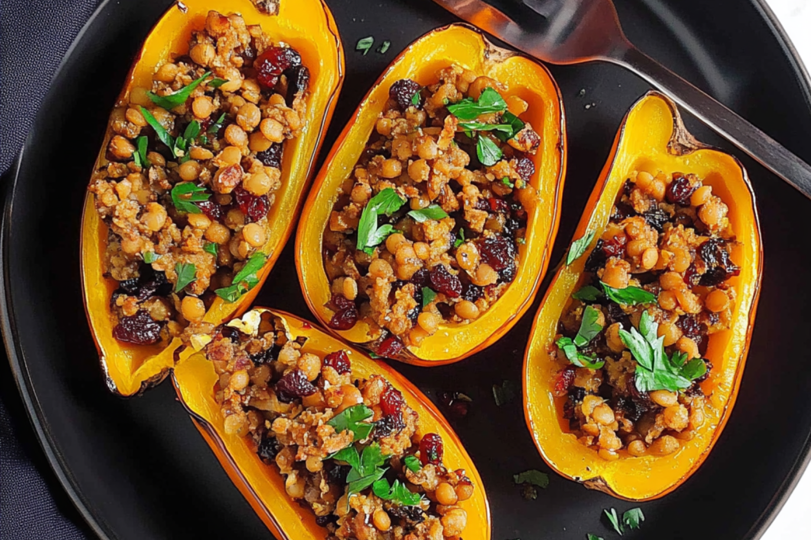 Lentil Stuffed Delicata Squash with Cranberries and Pecans