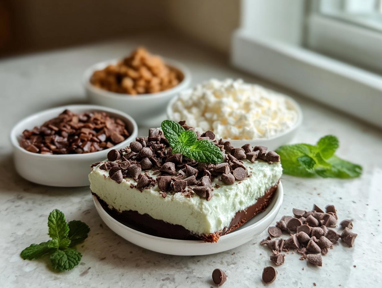 Mint Chocolate Fudge Cheesecake - a slice on a plate with mint garnish