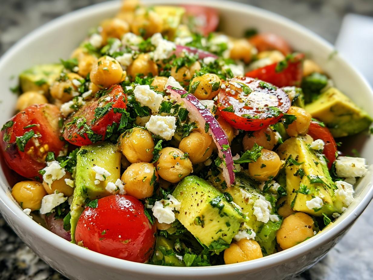 Chickpea Feta Avocado Salad - fresh ingredients ready to be mixed