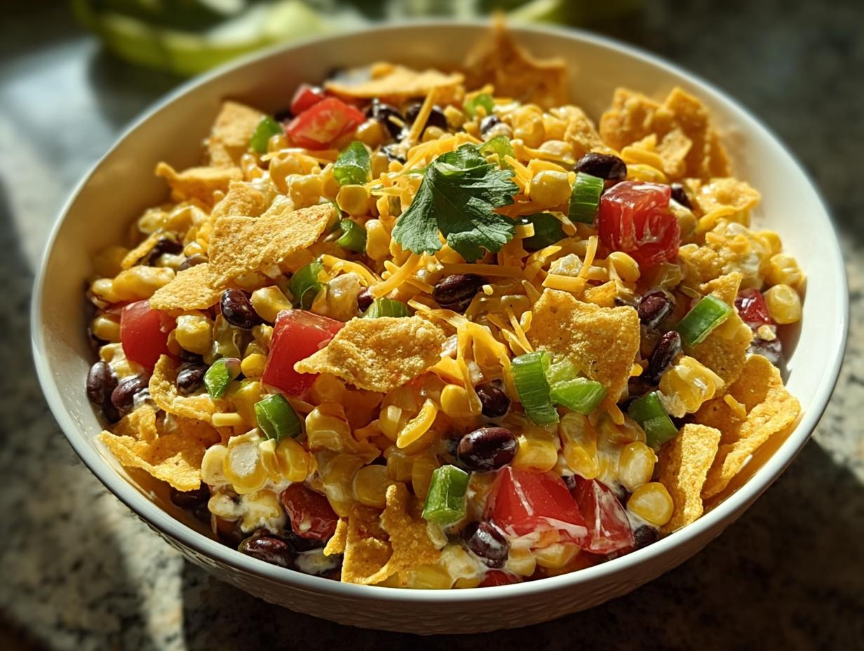 Creamy Frito Corn Salad: 10-Minute Divine Side 3 Creamy Frito Corn Salad being mixed with dressing