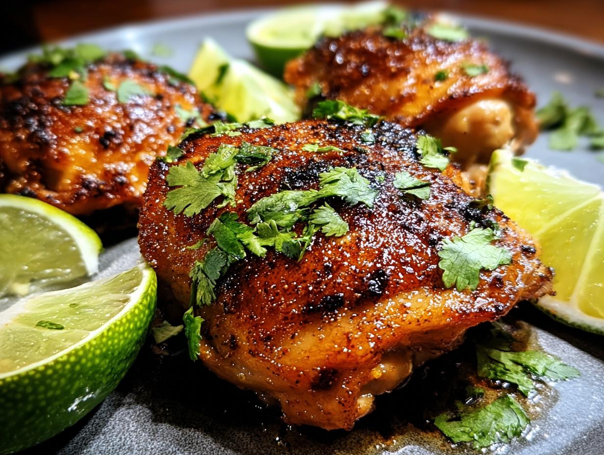 Close-up of crispy skin on baked cilantro lime chicken thigh