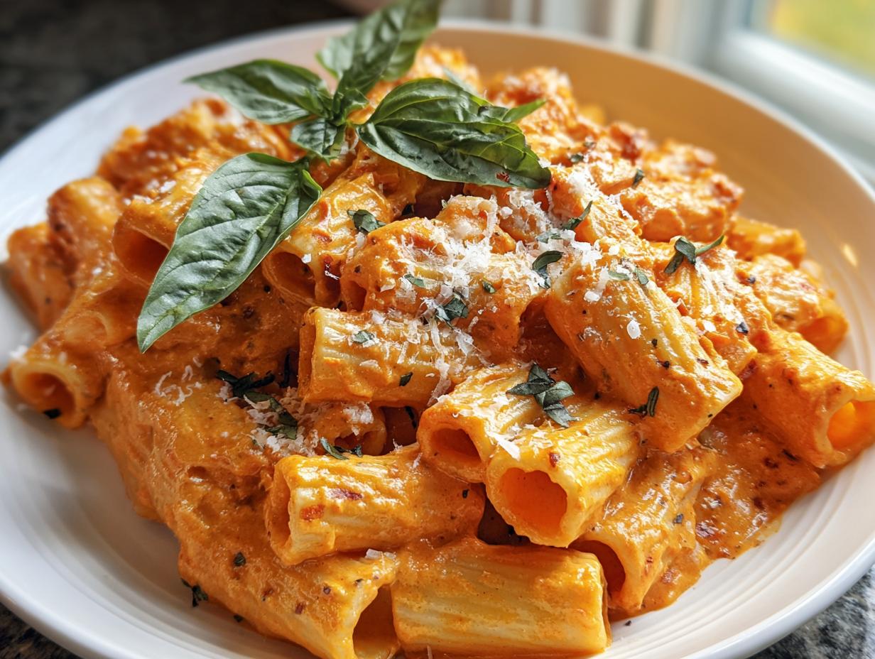 Roasted Red Pepper Rigatoni: Your 1 Easy Dinner - Close-up of creamy roasted red pepper sauce