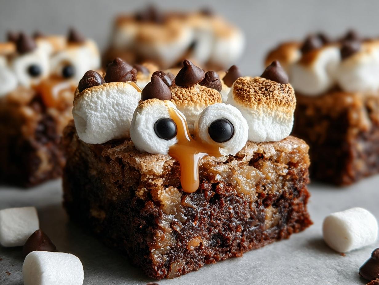 Ghostly Caramel Marshmallow Brownies: Spooky Delight - A close-up of fudgy brownies topped with melted marshmallows and chocolate chip ghost eyes.