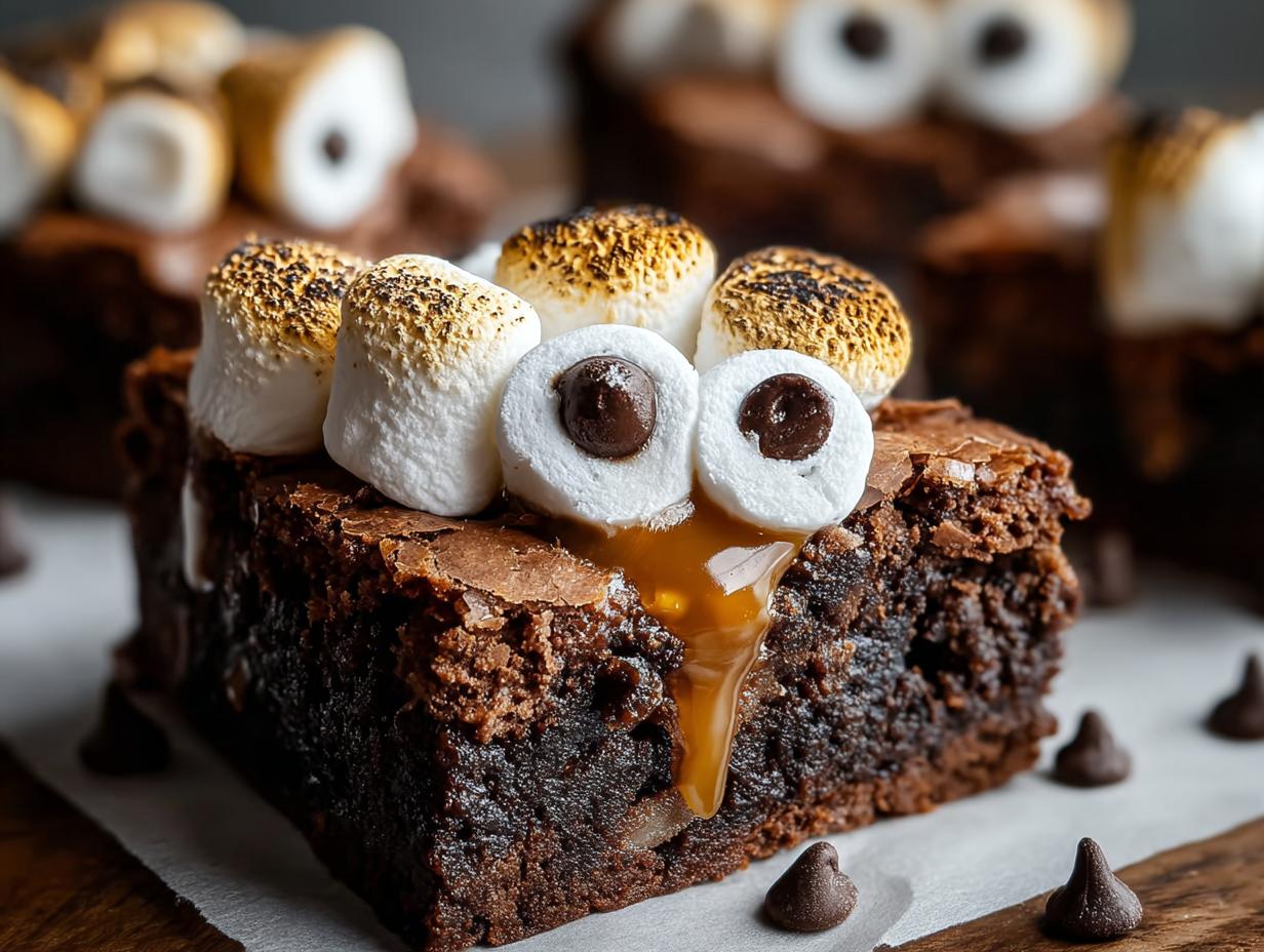 Ghostly Caramel Marshmallow Brownies: Spooky Delight - A pan of freshly baked brownies with melted marshmallows and chocolate chip ghost eyes.